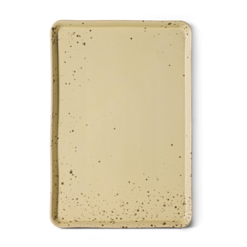 Overhead view of the HKLIVING Grit large tray in yellow stoneware on a plain white background, showing its speckled glaze