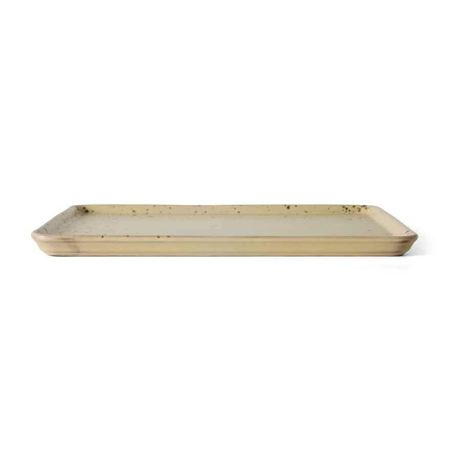 Side profile view of the HKLIVING Grit large tray in yellow stoneware, showing its low, flat rim
