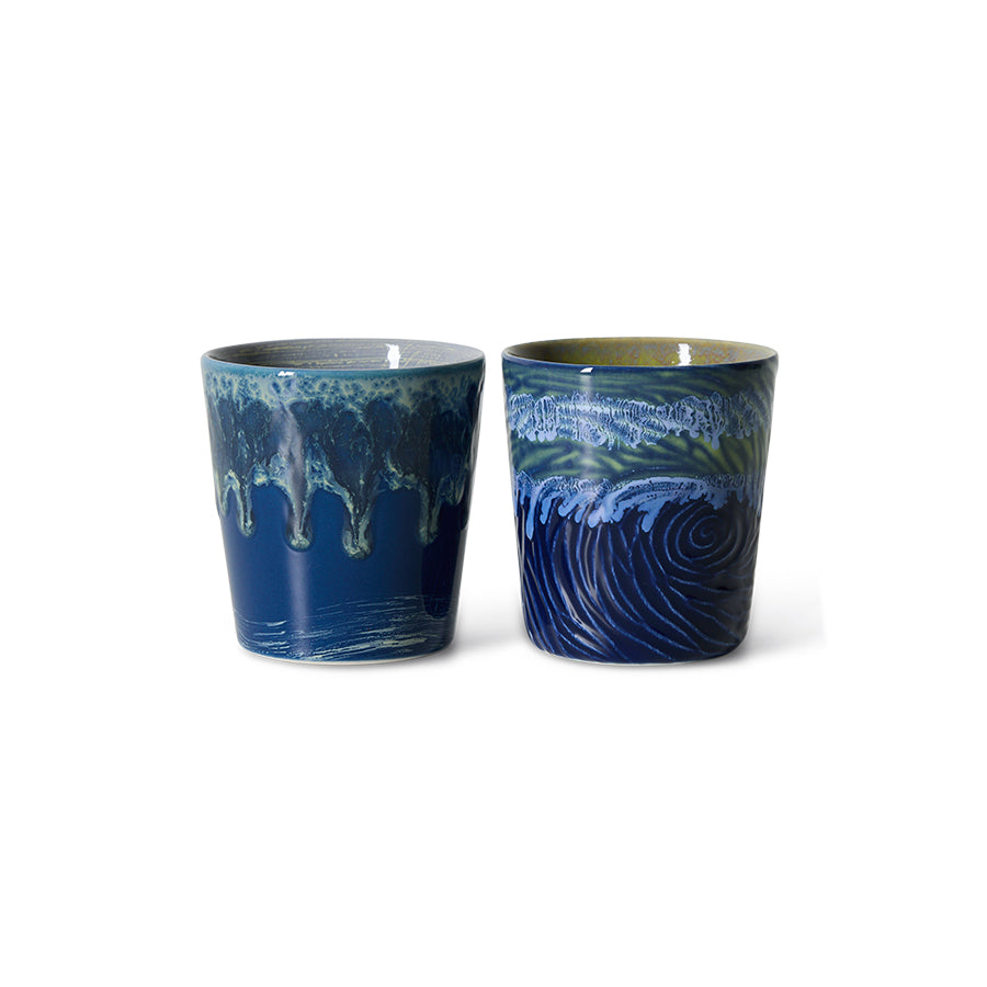 set of two HKLIVING Van Gogh Starry Night stoneware coffee mugs in deep blue glaze