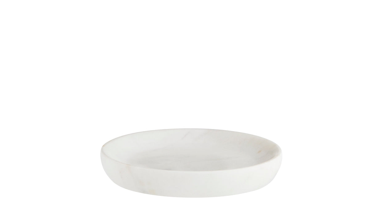 shallow round white marble tray with smooth polished finish
