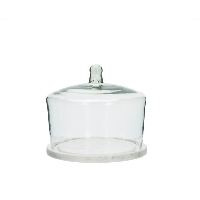 clear glass display dome with white marble base
