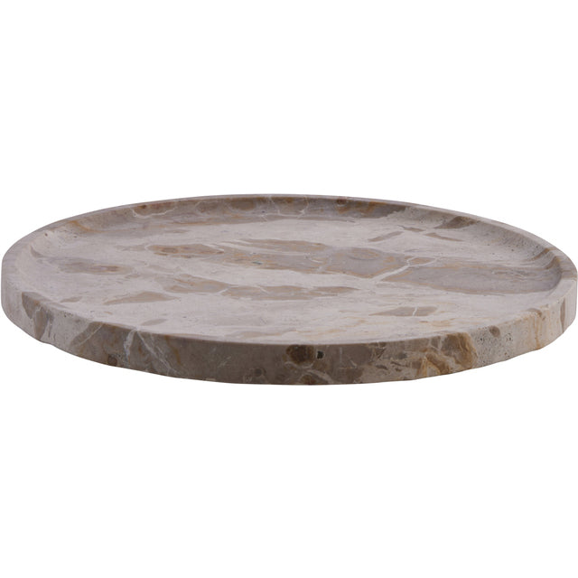 Side view of the Ellia beige marble tray showing its low raised rim