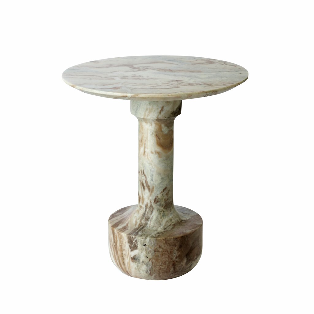 Lene Bjerre Marel round marble pedestal side table in cream marble with green and caramel brown tones