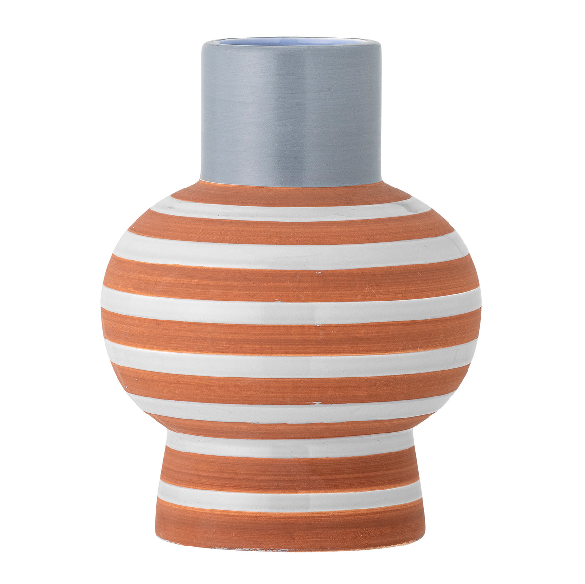 Close-up of round ceramic vase with horizontal blue and terracotta stripes