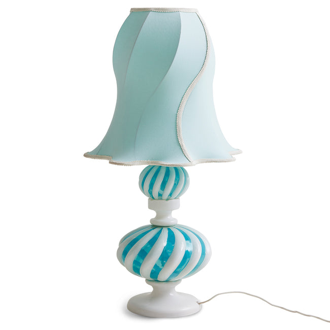 light blue and white glass mouthblown handmade lamp base with a swirly lamp shade in a classic grandma style from the swedish design house hk living 