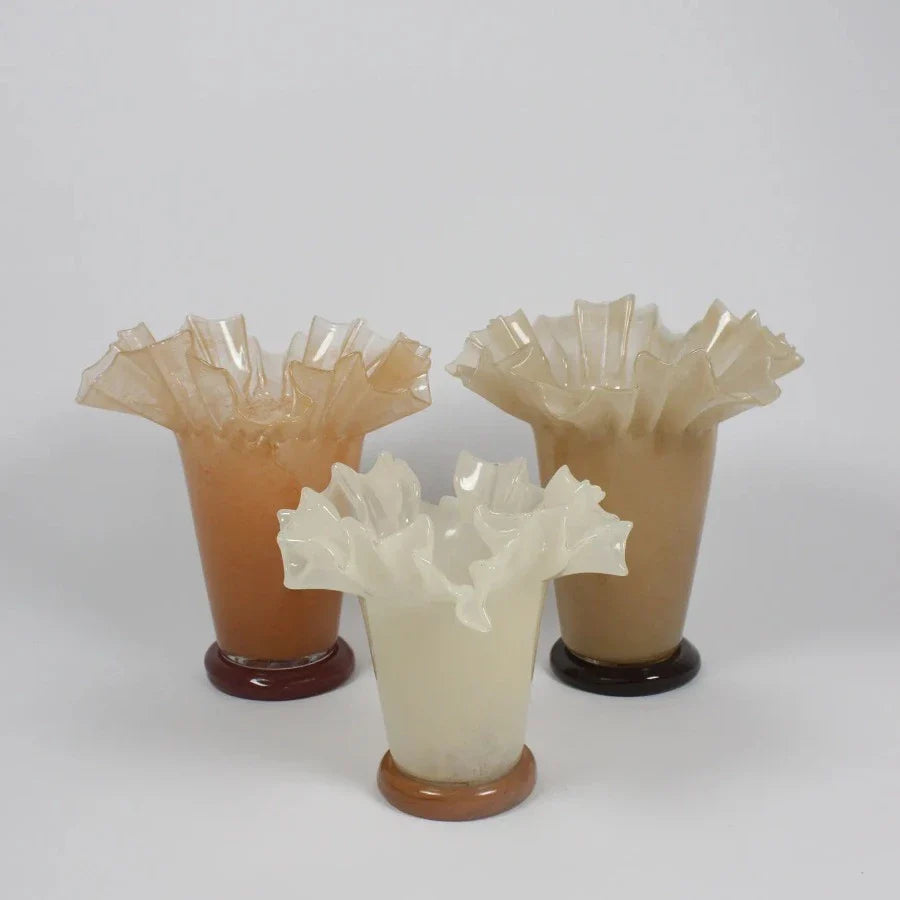 Group of Loa ruffled glass vases by Olsson & Jensen in beige, peach and vanilla