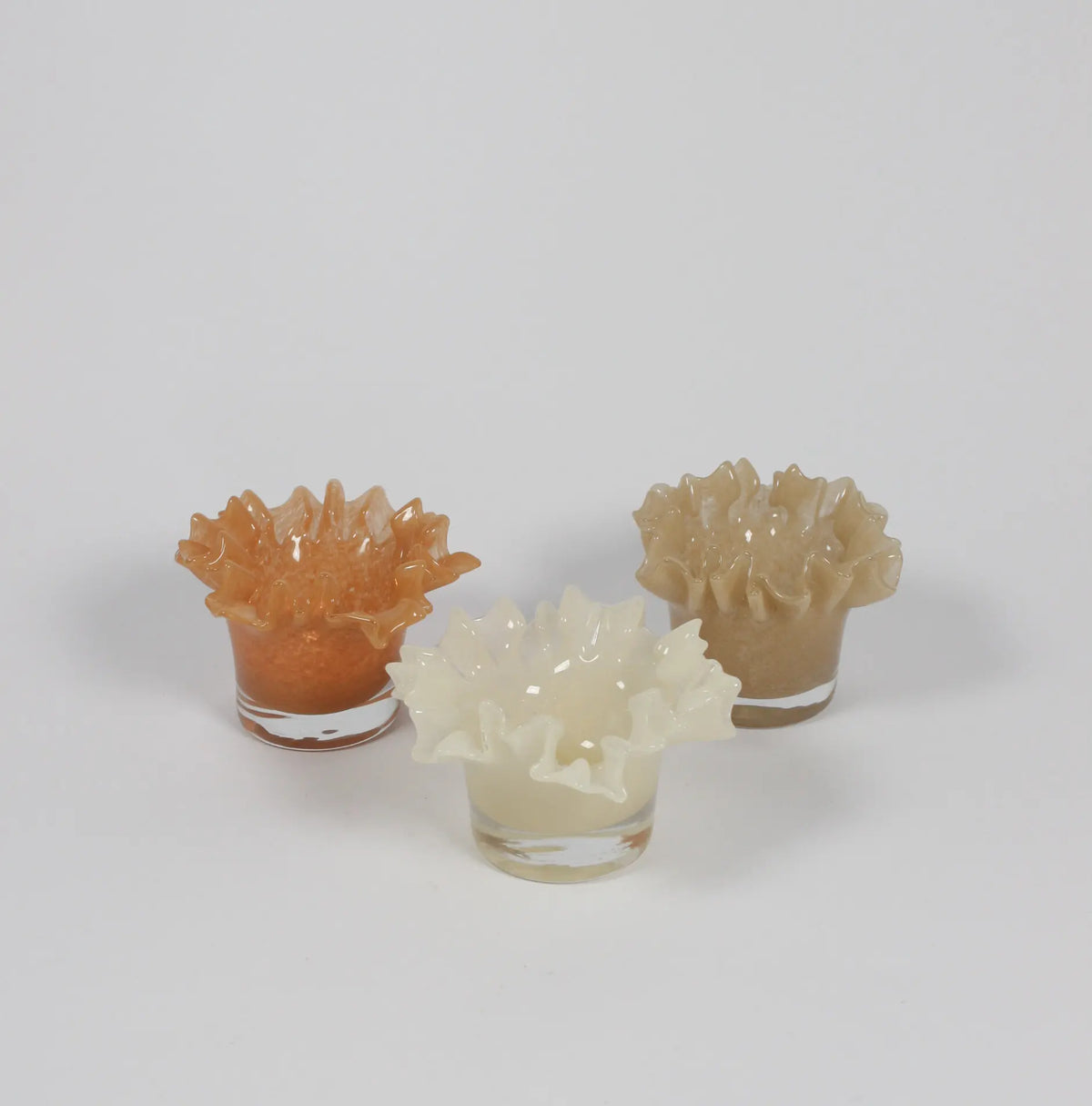 Loa ruffled glass tealight holders by Olsson & Jensen in peach, beige and vanilla