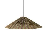 Plisse pendant lamp in Verdura by HKLIVING, showing its wide, flat conical woven bamboo shade in green and brown stripes, photographed against a white background