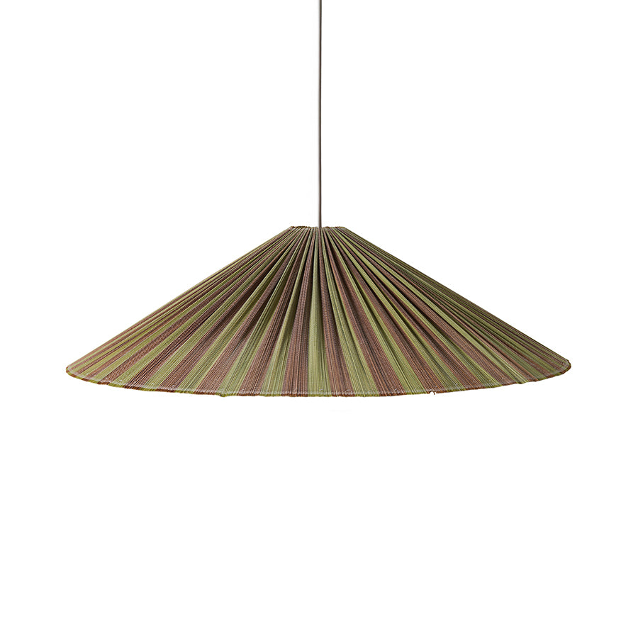 Plisse pendant lamp in Verdura by HKLIVING, showing its wide, flat conical woven bamboo shade in green and brown stripes, photographed against a white background