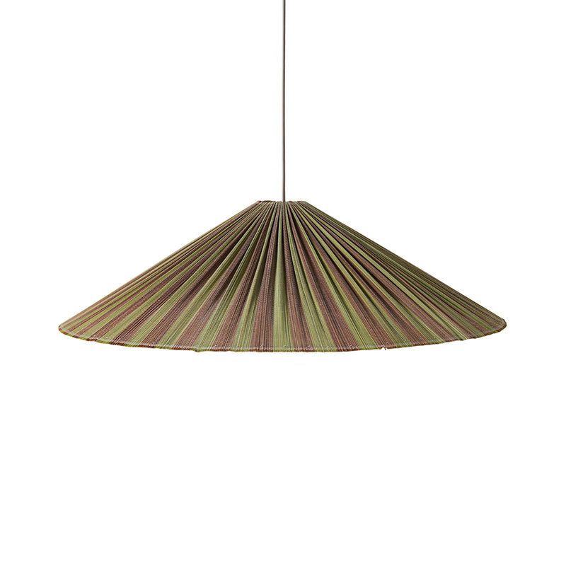 Plisse pendant lamp in Verdura by HKLIVING, showing its wide, flat conical woven bamboo shade in green and brown stripes, photographed against a white background