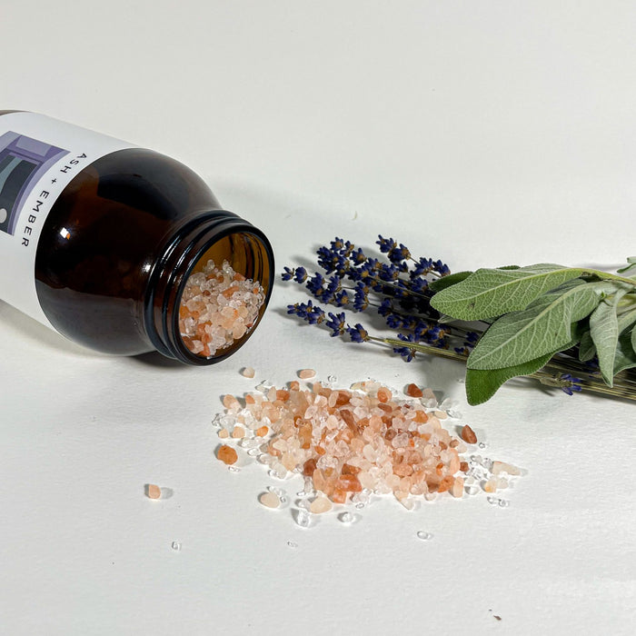 Luna Bath Soak by Ash + Ember in 500g amber glass jar with lavender and clary sage scent