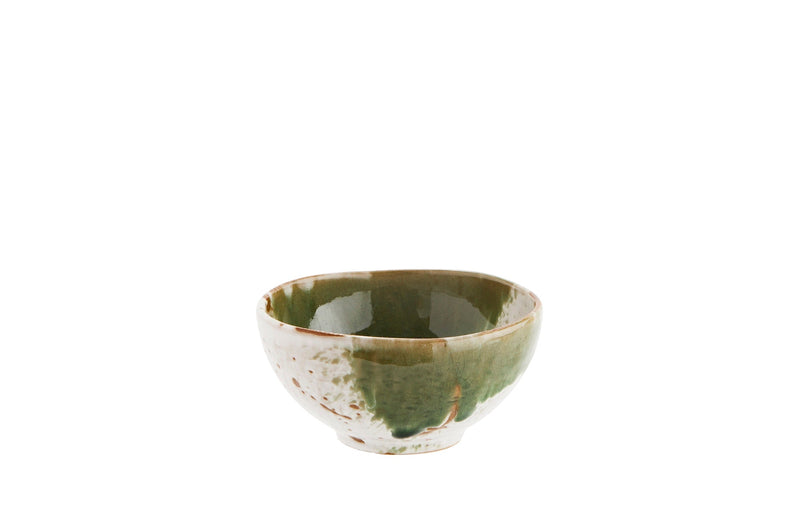 small white and green stoneware bowl with unique reactive glaze finish
