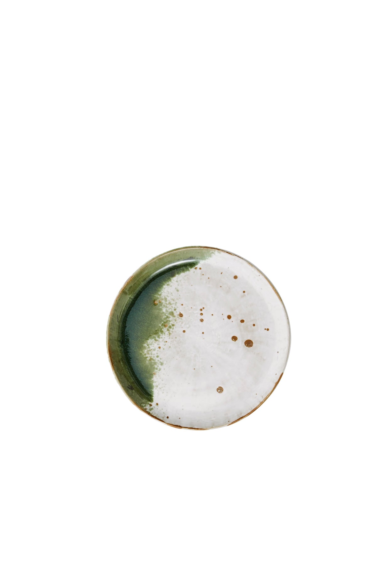 white and green stoneware lunch plate with unique reactive glaze finish
