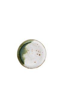 white and green stoneware lunch plate with unique reactive glaze finish
