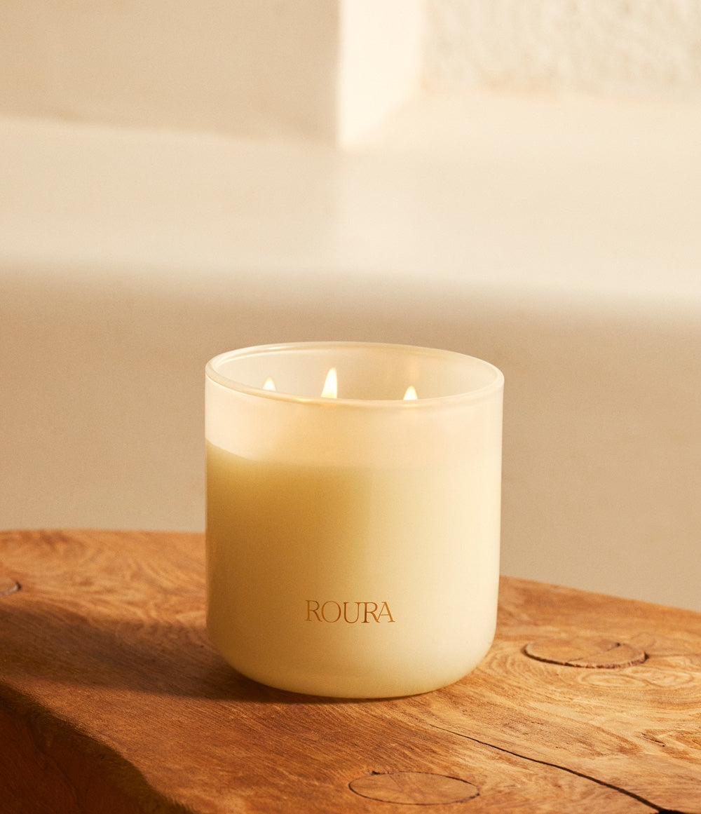 Majestic Lotus three wick candle in cream glass for calming floral ambience