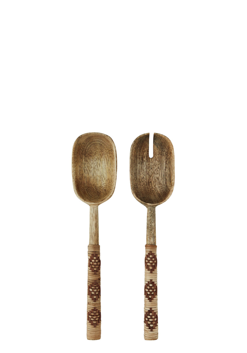 set of two mango wood salad servers with woven bamboo handles in natural brown tones
