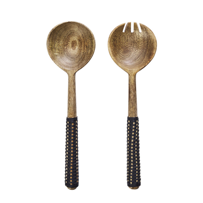 set of two mango wood salad servers with woven bamboo handles in natural and black tones
