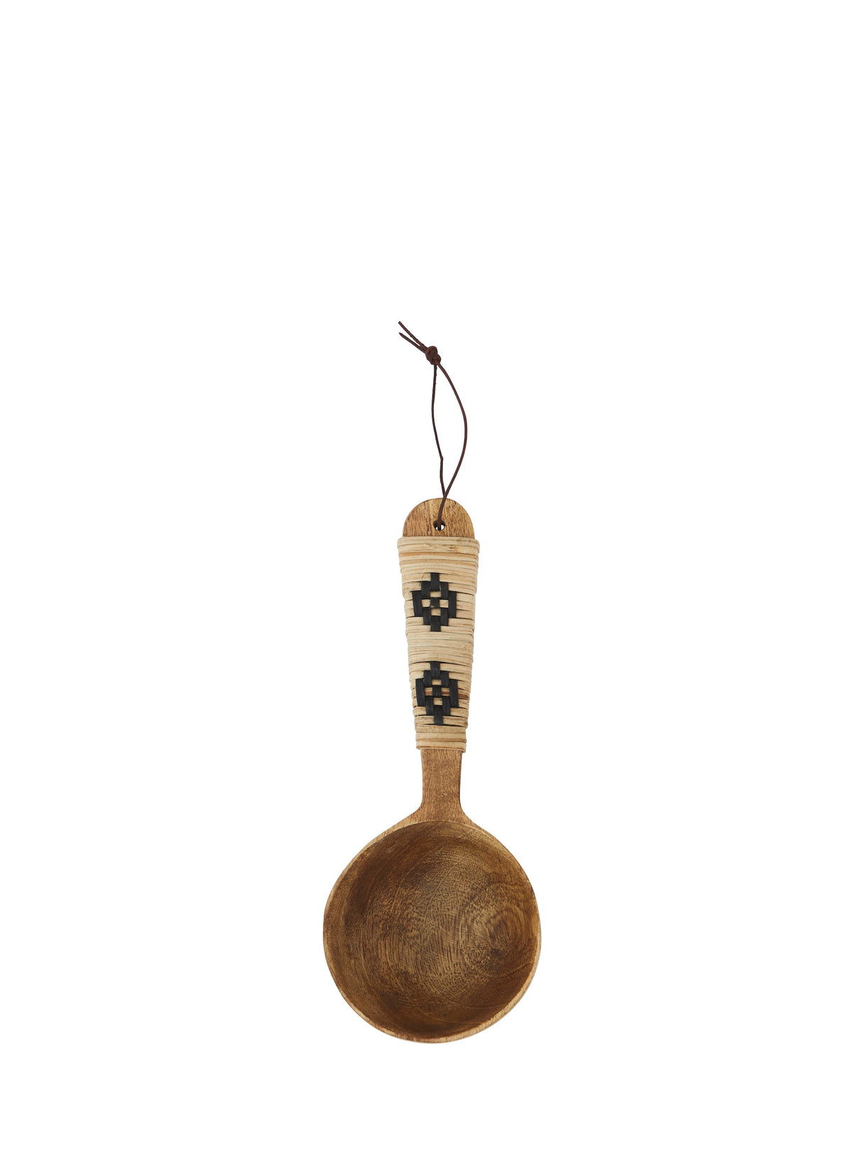hand-carved mango wood serving spoon with woven bamboo handle and hanging leather loop