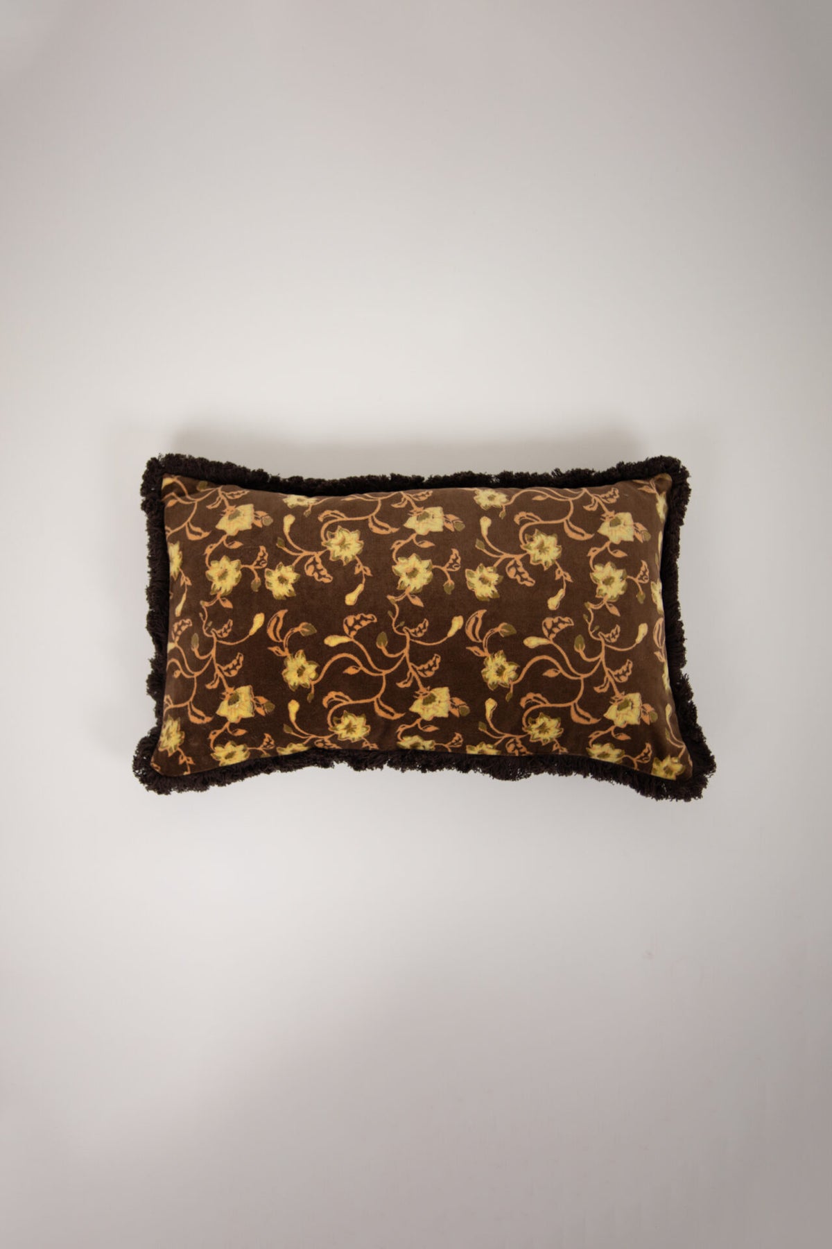 Maribel brown floral velvet cushion with fringe by Olsson & Jensen, 30x50 cm