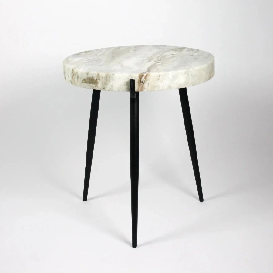 Side view of the Marwin white and sand marble side table by Olsson & Jensen