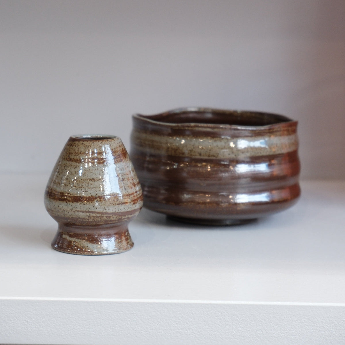 stoneware matcha bowl and whisk holder in bark brown glaze