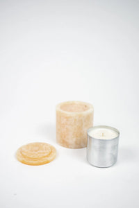 Mauro beige marble candle with its lid and metal refill by Olsson & Jensen