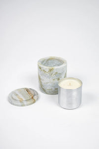 Mauro green marble candle with its lid and metal refill by Olsson & Jensen