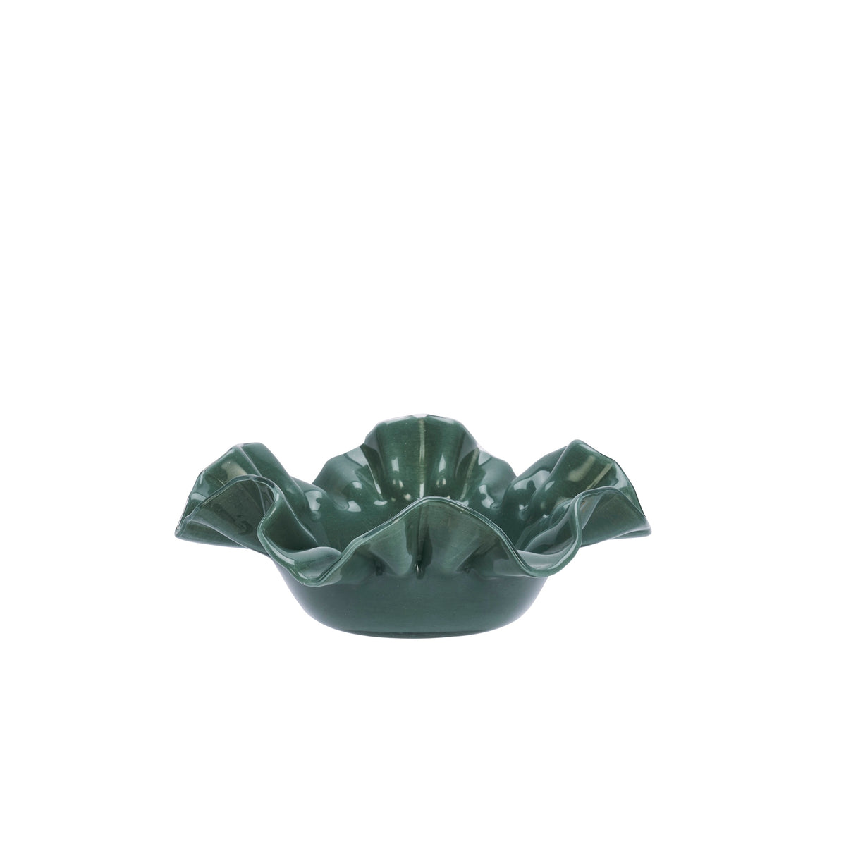 deep green ruffle-edge glass bowl displayed on white background
