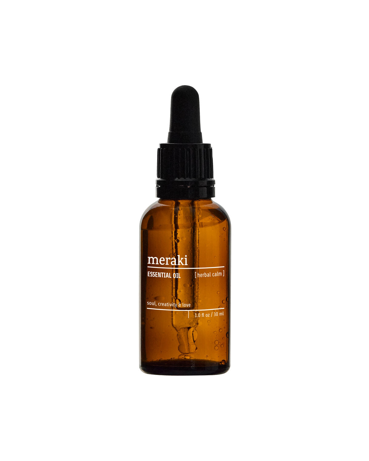 Meraki Herbal Calm essential oil in a 30ml amber glass dropper bottle