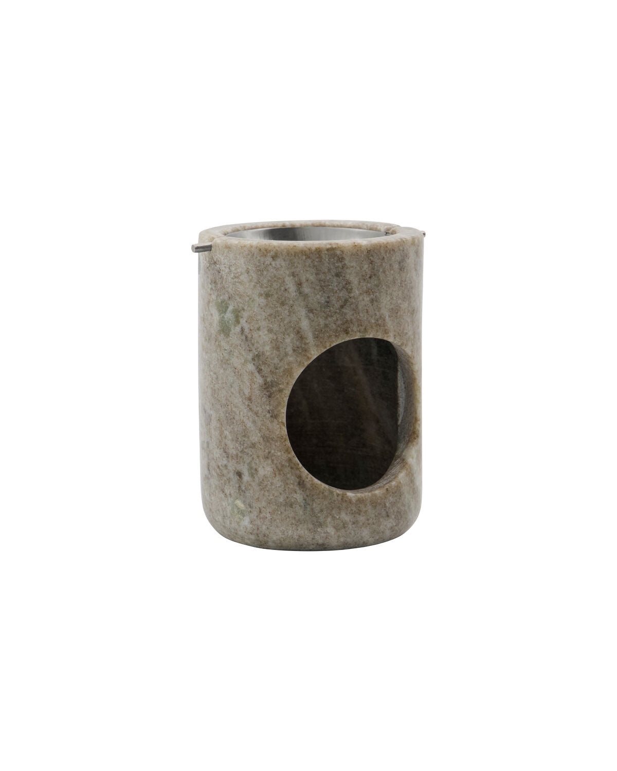 Meraki marble oil burner in beige stone with a silver-finish bowl and tealight opening
