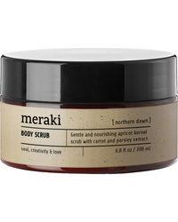 Meraki Northern Dawn body scrub jar with apricot kernel exfoliant for gentle skincare