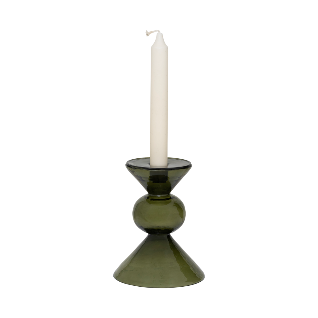Mesi bottle green glass candle holder with an ivory dinner candle