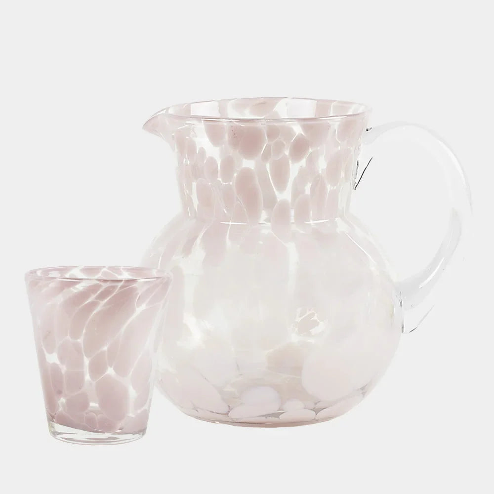 Milano pink glass tumbler beside the matching Milano jug by Olsson & Jensen