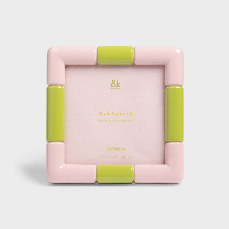 Modern pink and green square picture frame fitting 10 x 10 cm photos.
