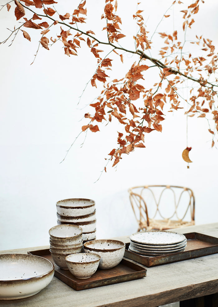 rustic speckled stoneware bowls and plates styled on a wooden table
