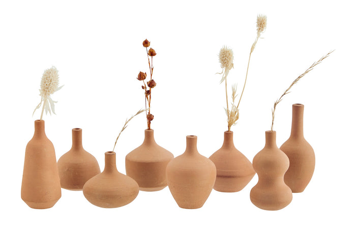assorted handmade terracotta mini vases in natural clay, 3–5cm, group shot
