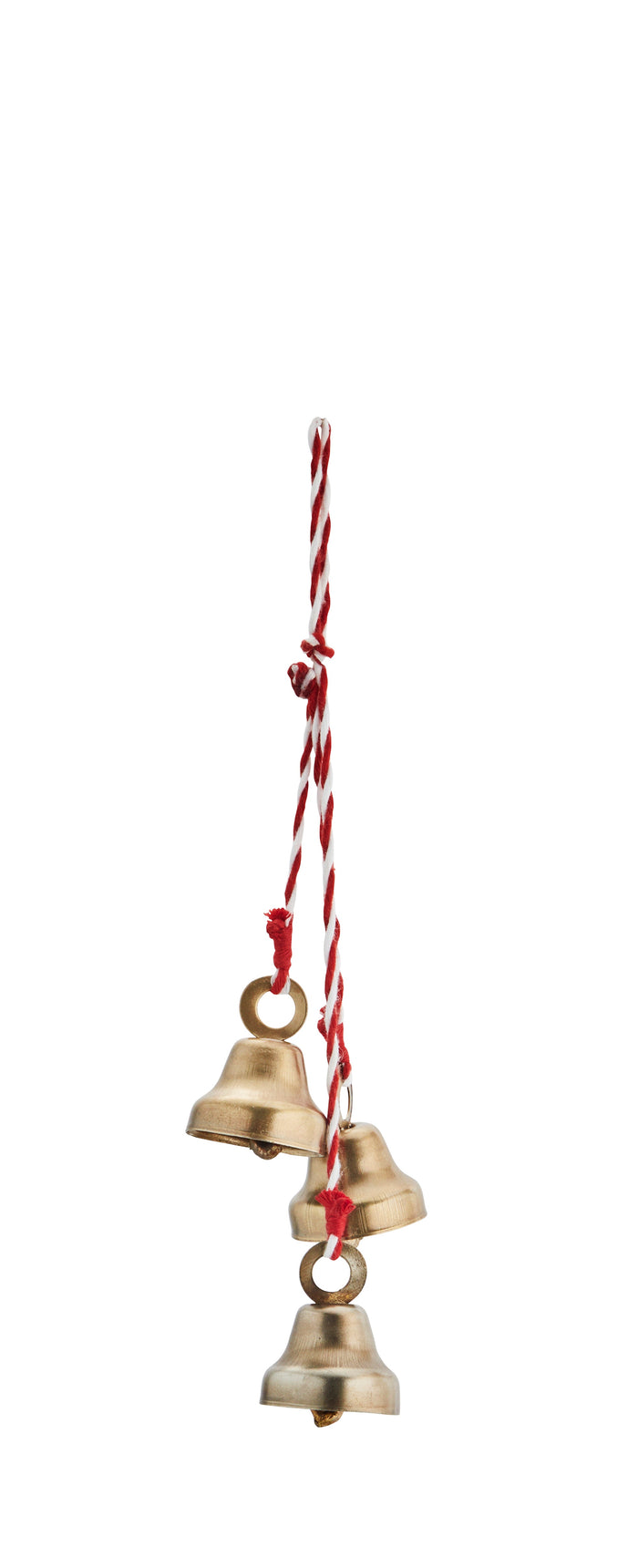 antique brass Christmas bells on red-and-white string – set of three
