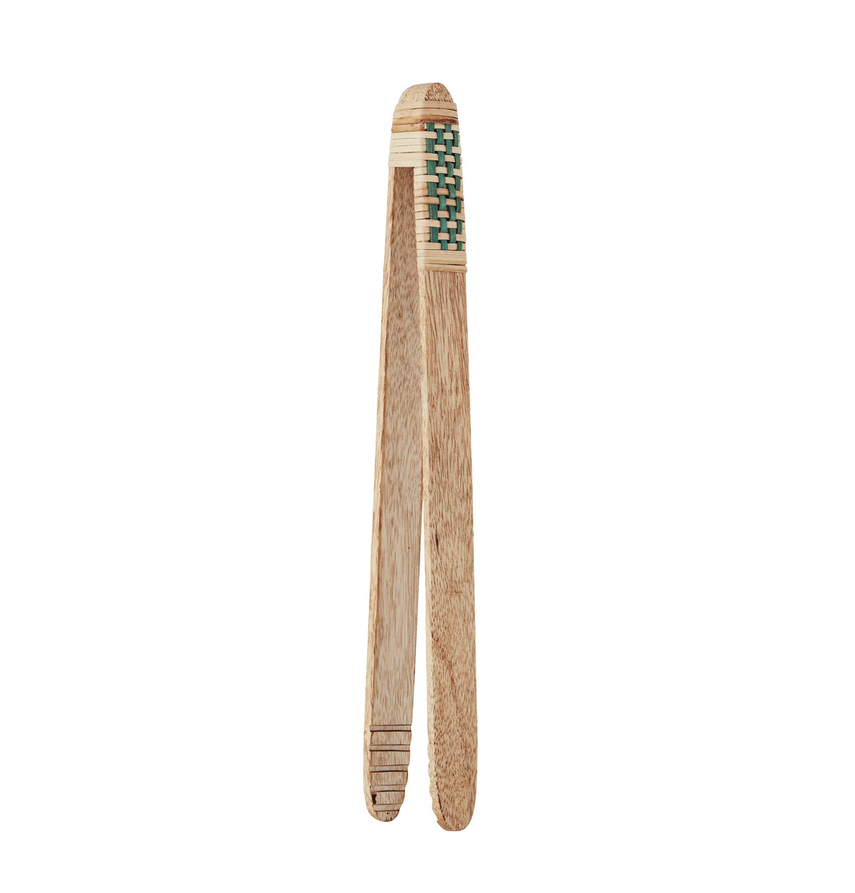 angled view of mango wood tongs with green bamboo detail
