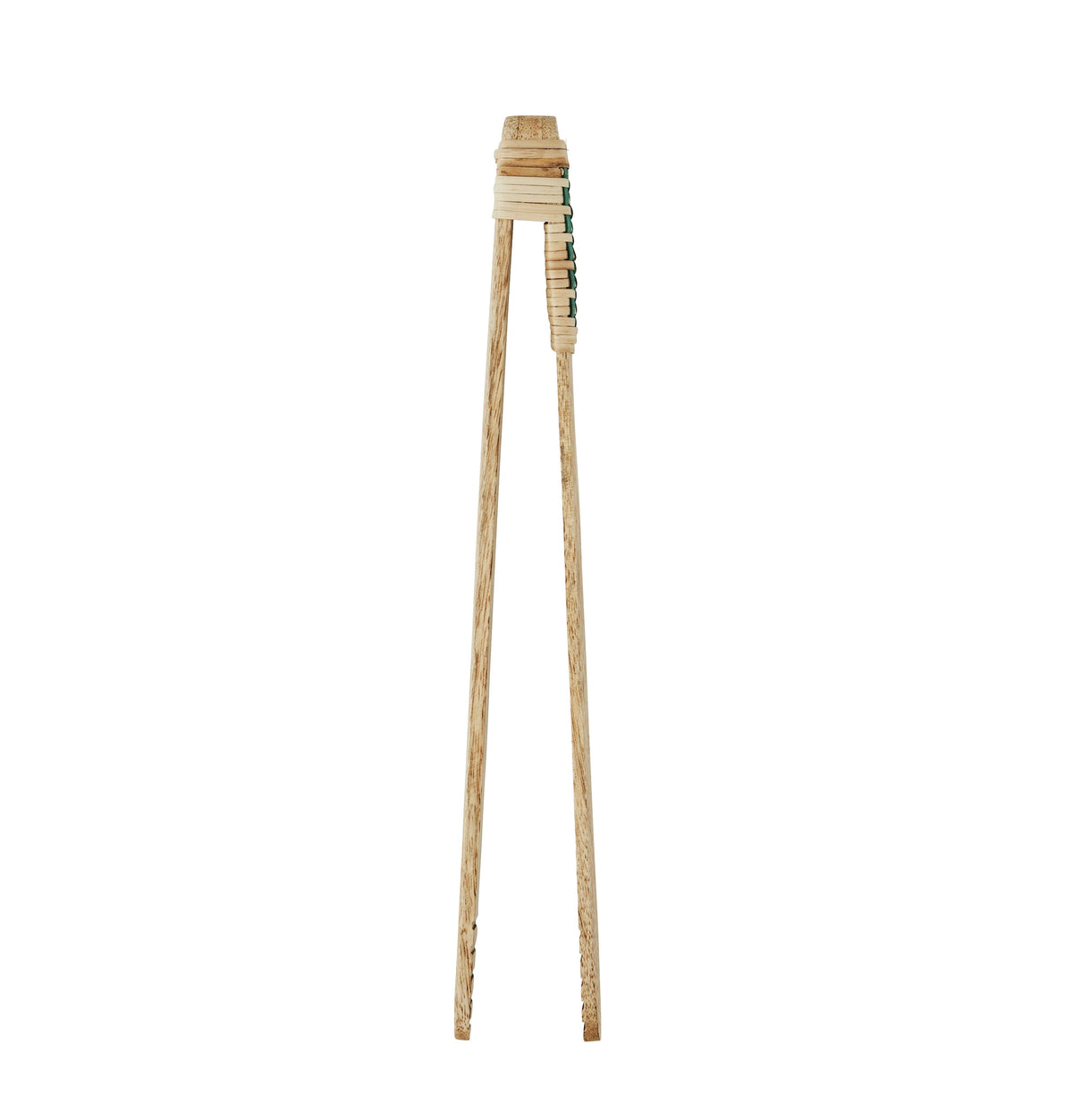 natural wooden tongs with green woven bamboo handle
