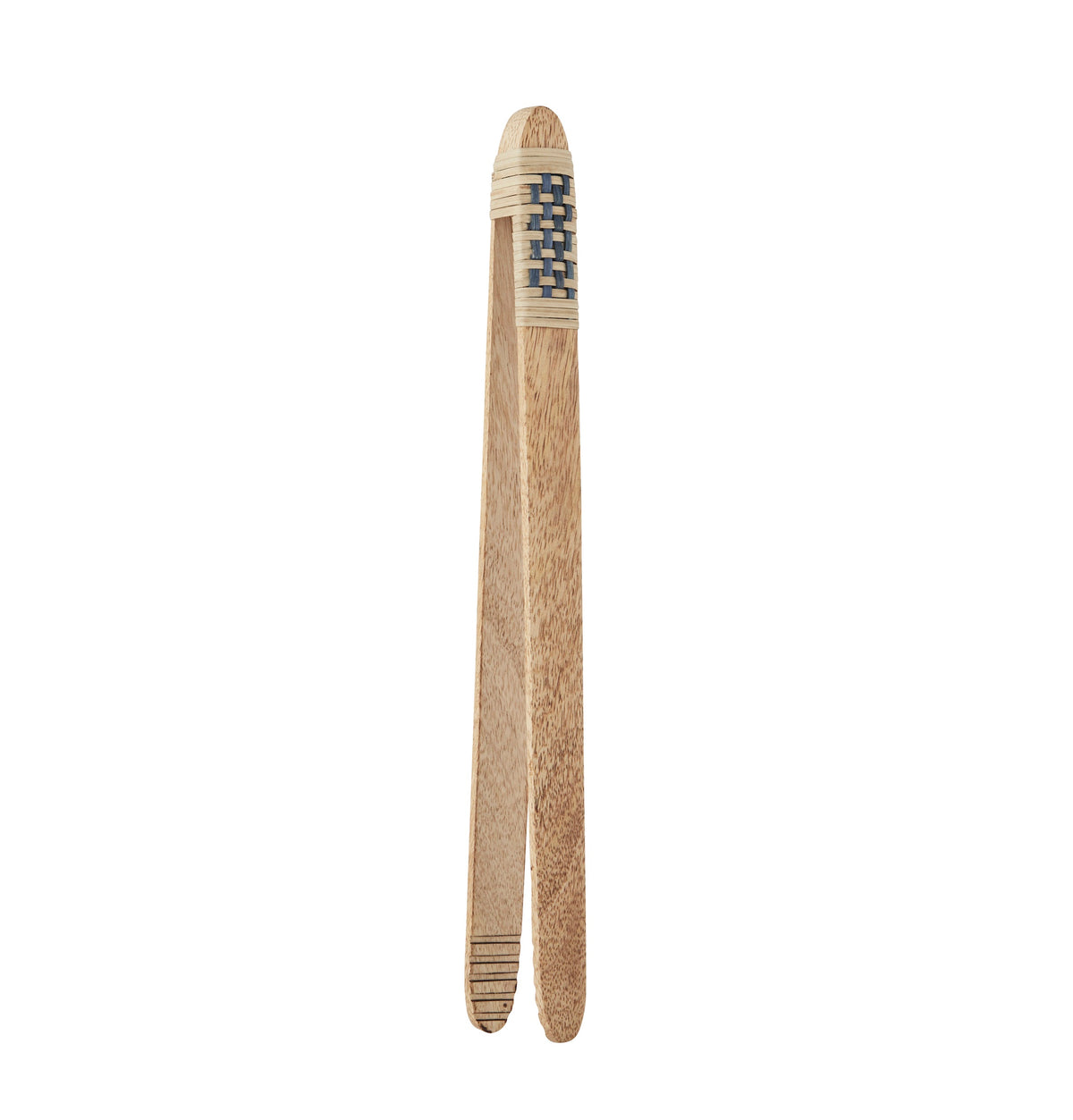 wooden kitchen tongs showing woven bamboo handle in blue and natural tones
