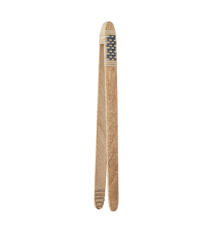 wooden kitchen tongs showing woven bamboo handle in blue and natural tones
