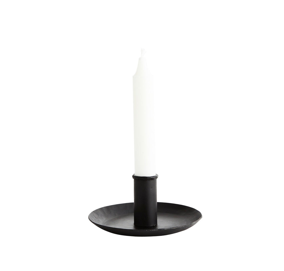 hand forged black iron candle holder with round plate base