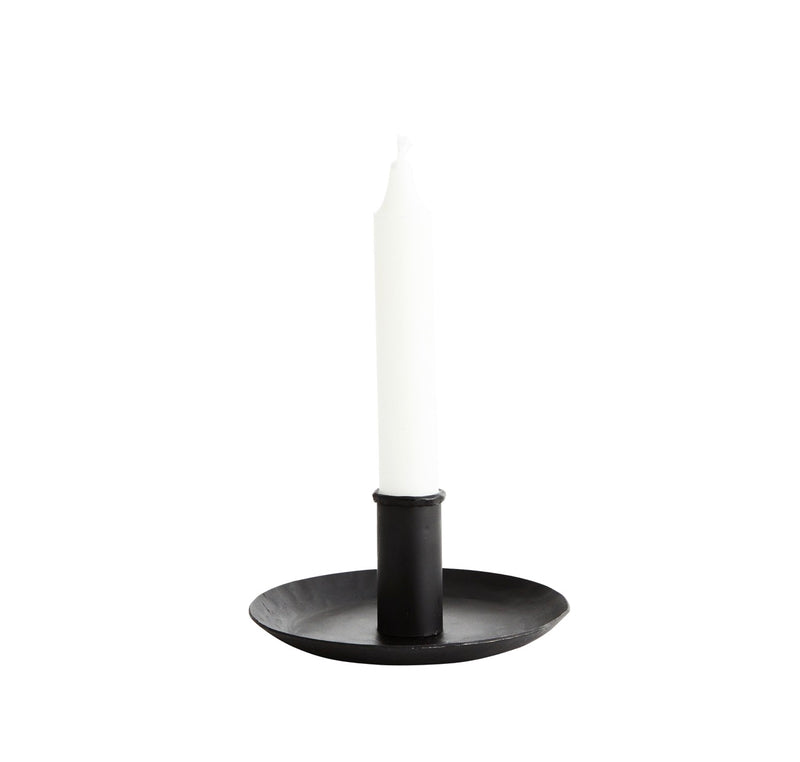 hand forged black iron candle holder with round plate base
