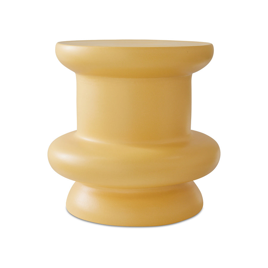 side view of a honey coloured accent table with an almost cotton bobbin look from design house hkliving