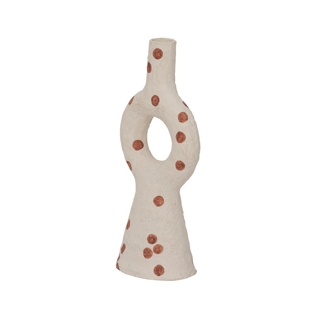 Nao candle holder from the side, showing its hand-applied dots