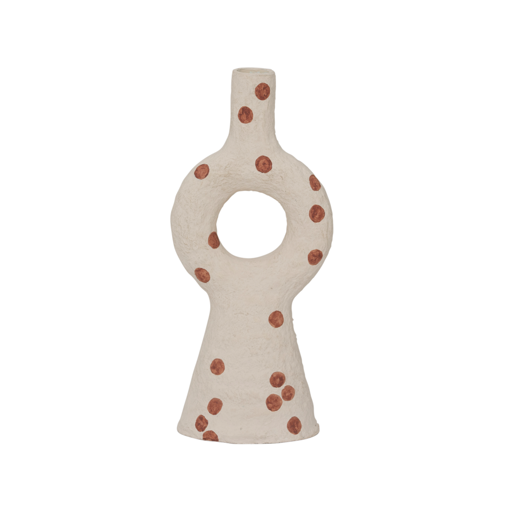 Nao candle holder in almond with terracotta dots and a circular cut-out, by Urban Nature Culture