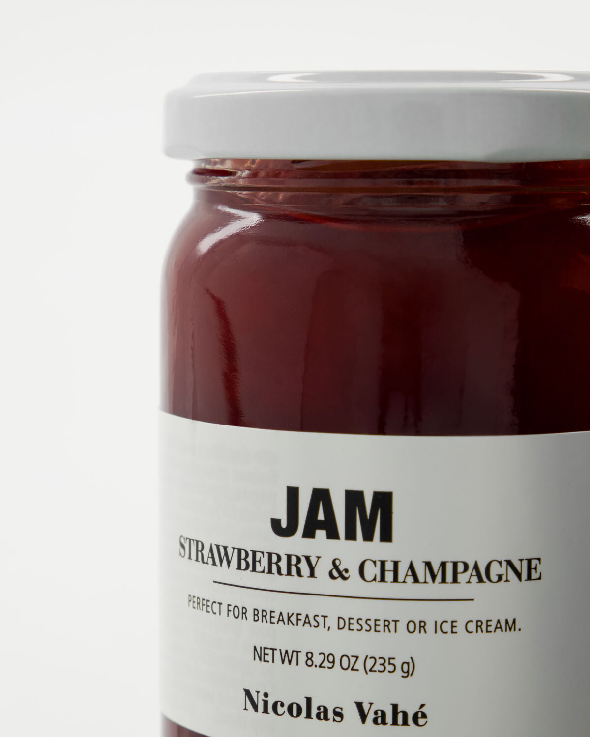 Close-up of the Nicolas Vahé strawberry and champagne jam label