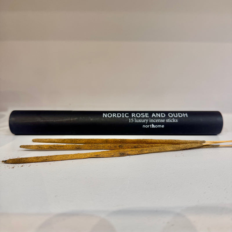 Nordic Rose and Oudh luxury incense sticks with black tube packaging by North Home
