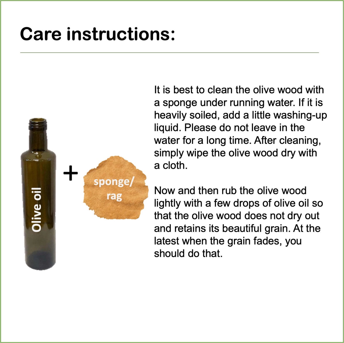 Olive wood care instructions graphic—hand wash, dry, and oil occasionally