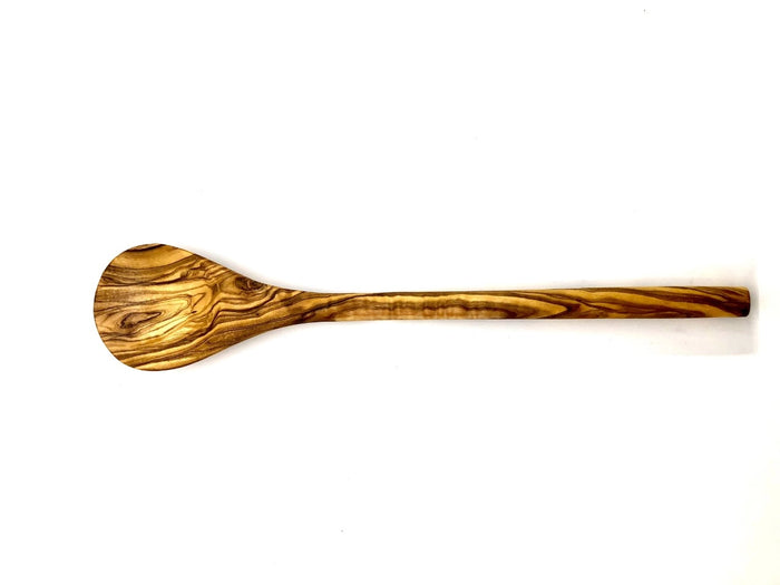 Round olive wood cooking spoon 30 cm—full length on white background